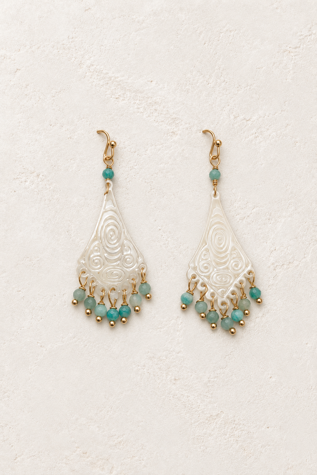 Nalani Pearl Shell Chandelier Earrings on cream textured background