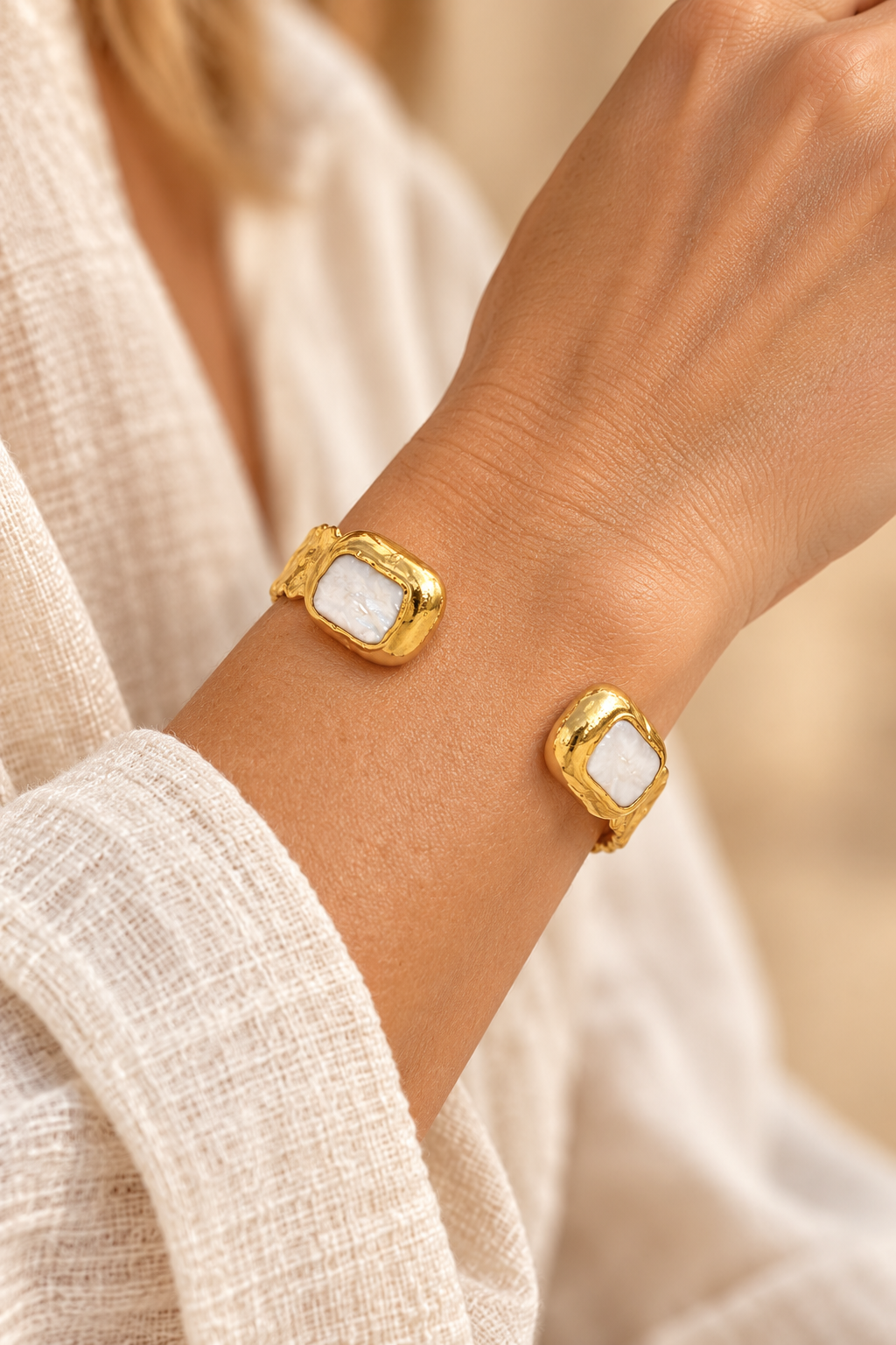 Nerina Squared Fresh Water Pearl Cuff Bracelet worn on a model's wrist