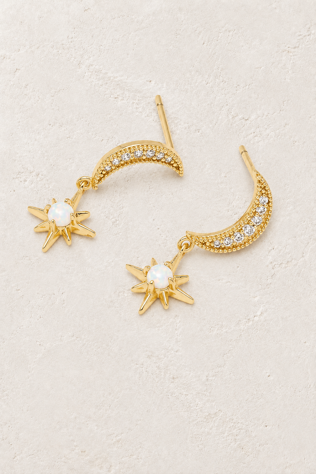 Gold opal crescent moon and star drop earrings