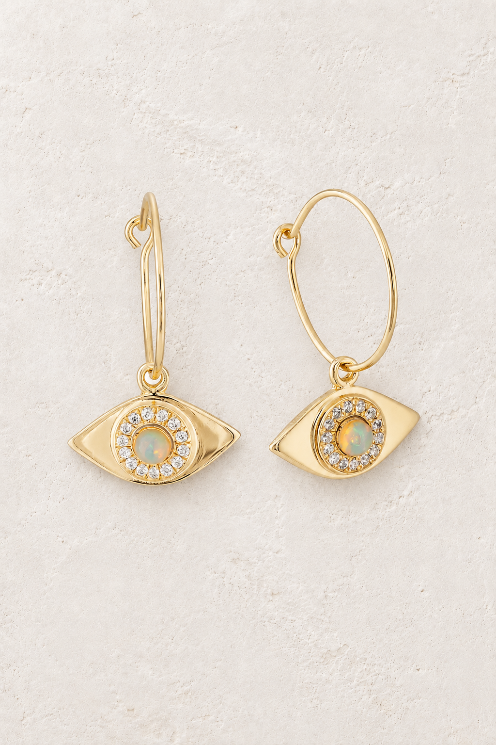 Gold opal evil eye hoop earrings