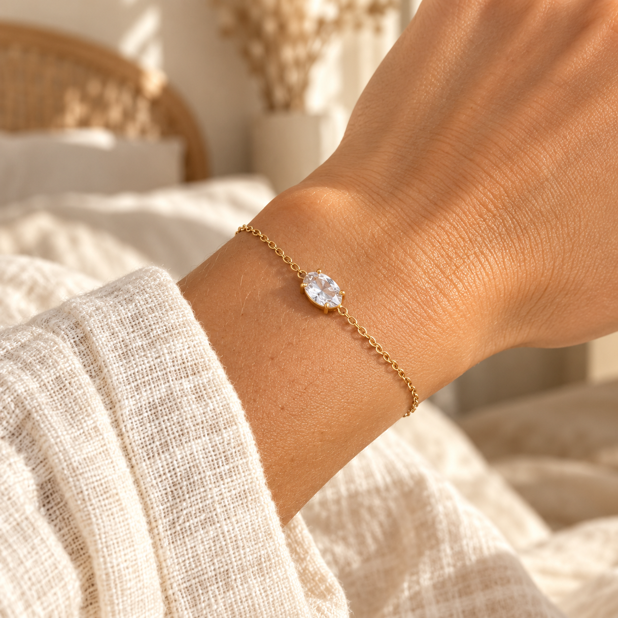 Oval solitaire bracelet on boho model wrist – AI styling illustration