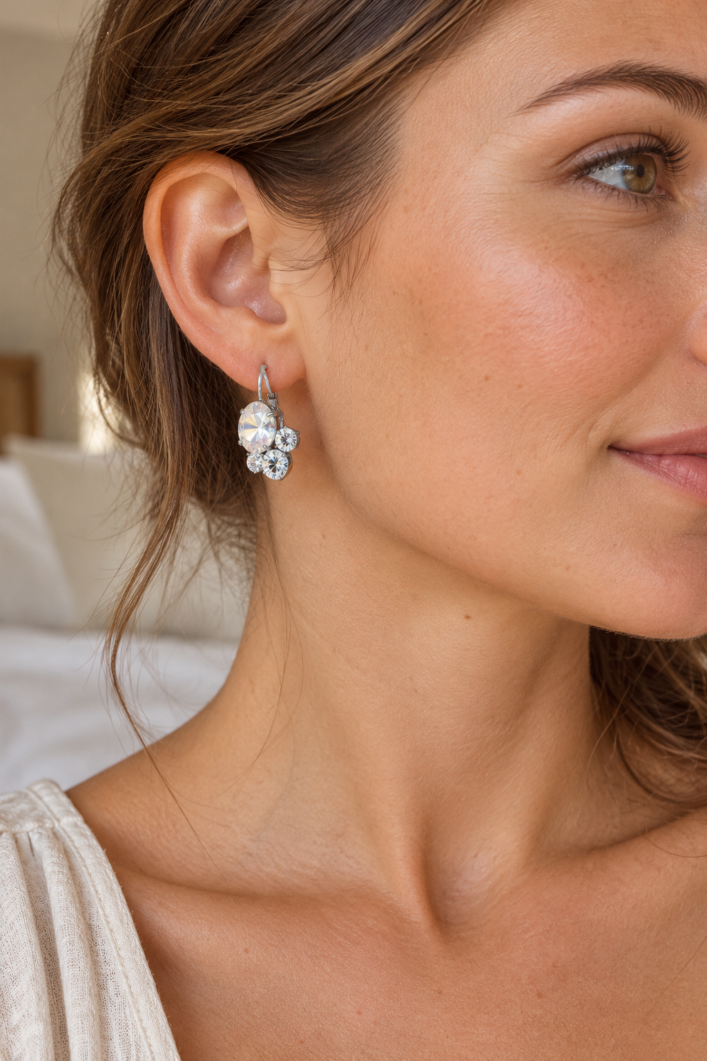 Silver Oval Crystal Cluster Leverback Earrings — model