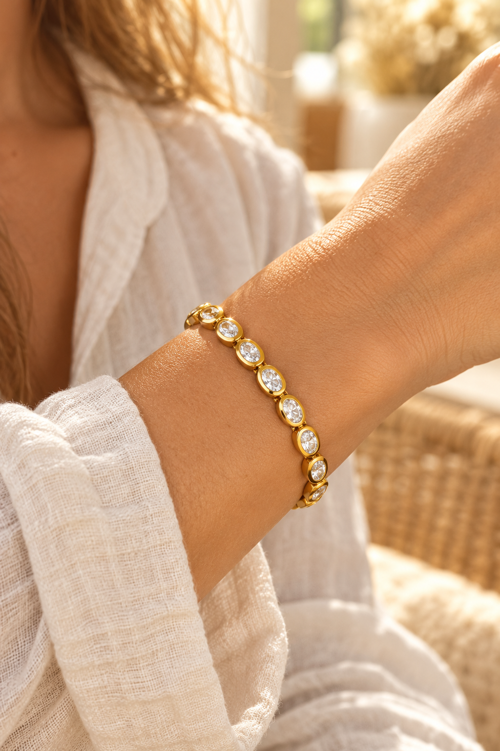 
                  
                    Oval bezel bracelet on boho model wrist – AI styling illustration
                  
                