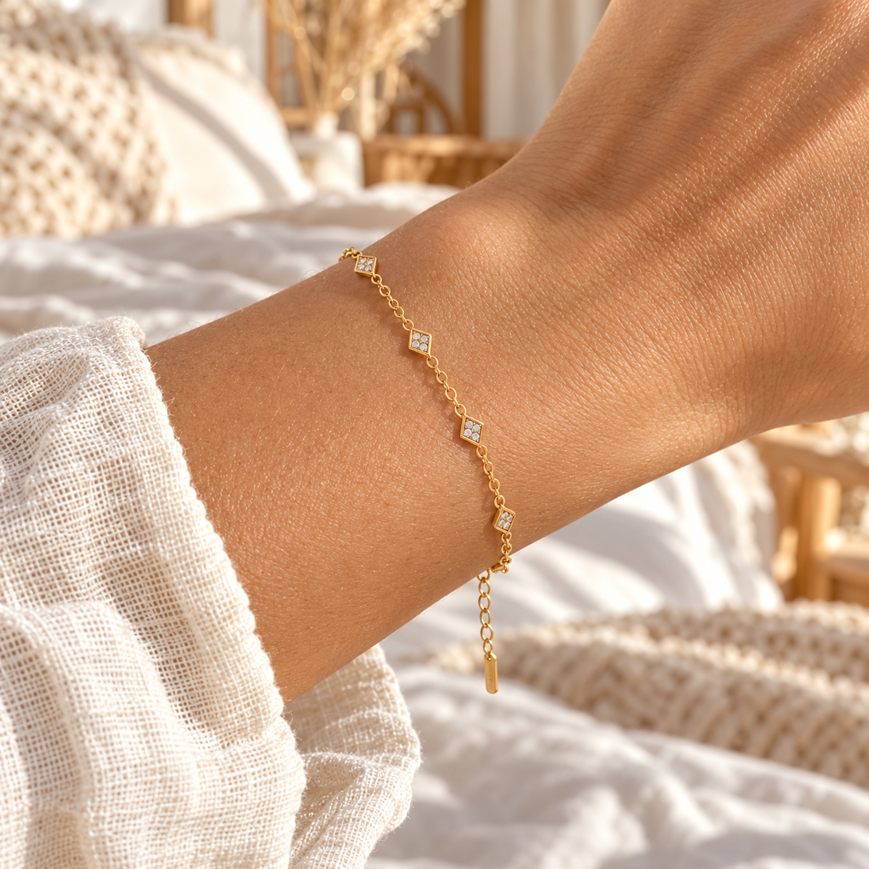 Rhombus cubic zirconia bracelet on boho model wrist – AI styling illustration