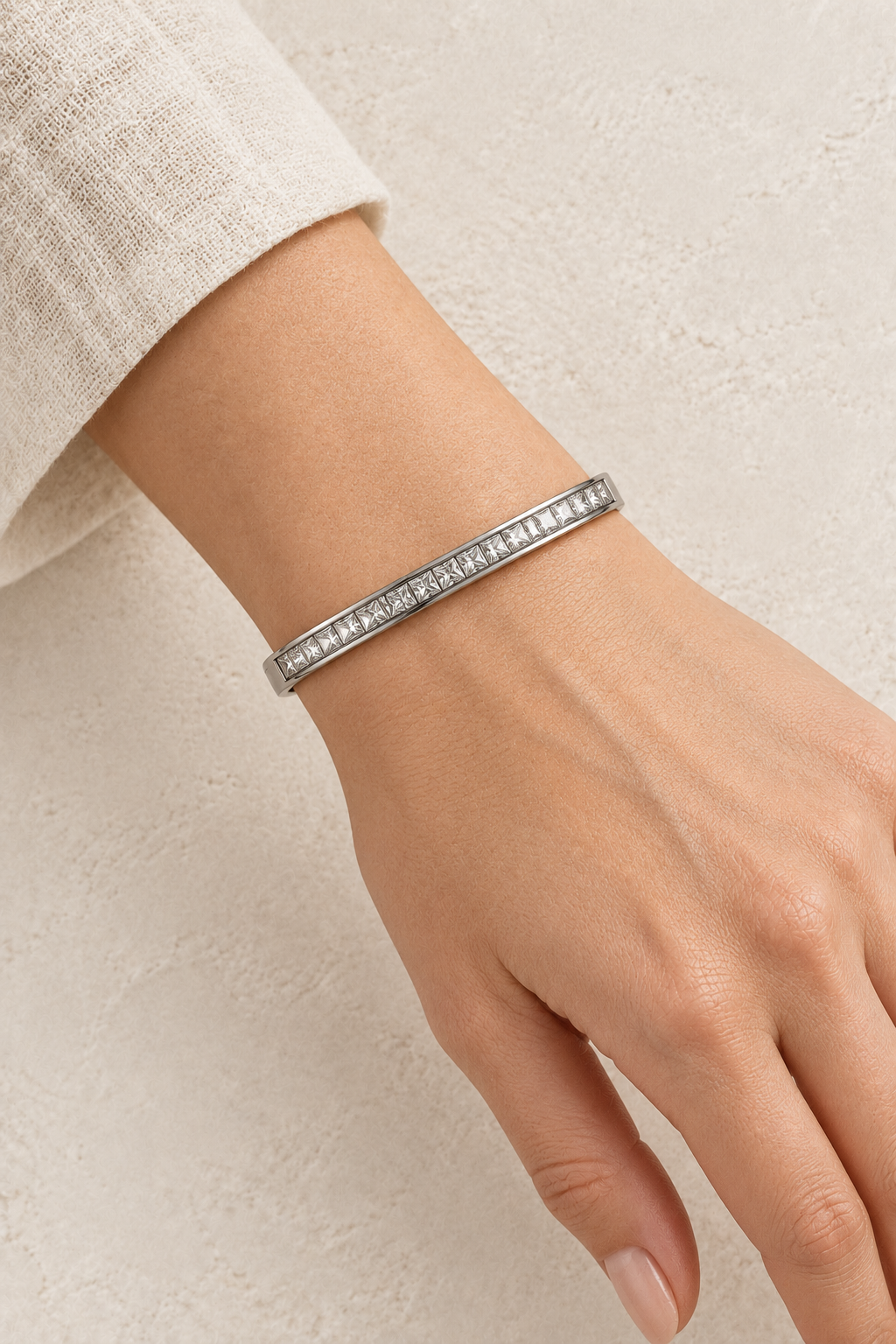 Model wearing Roselle Silver Princess-Cut Crystal Bangle