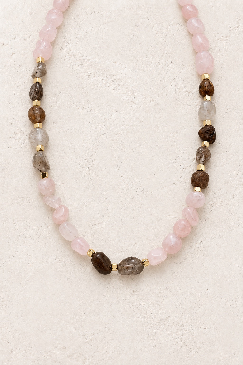 
                  
                    Roselune Rose Quartz mixed stone necklace with smoky gemstones and gold spacers
                  
                