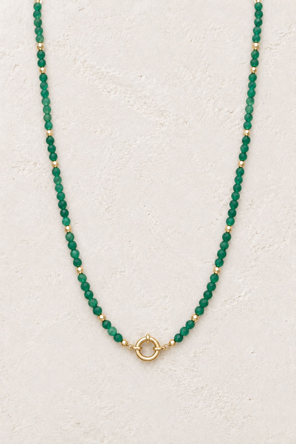 Sahara Deep Green Jade Necklace – Natural Genuine Gemstones on the Boho & Mala cream stone hero background