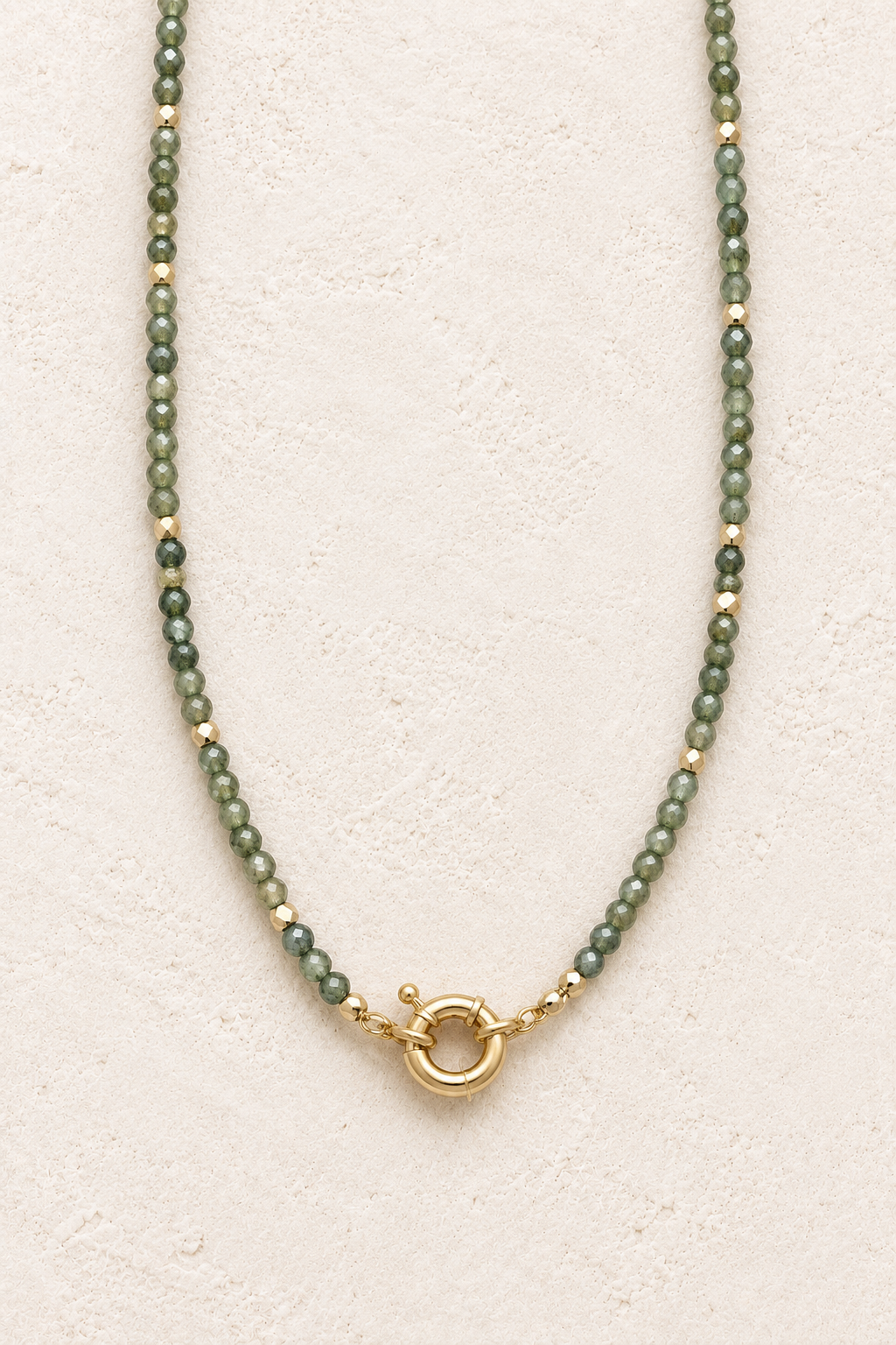 Sahara Sage Green Necklace – Natural Genuine Gemstones — 2:3 cover on warm ivory background with centred clasp