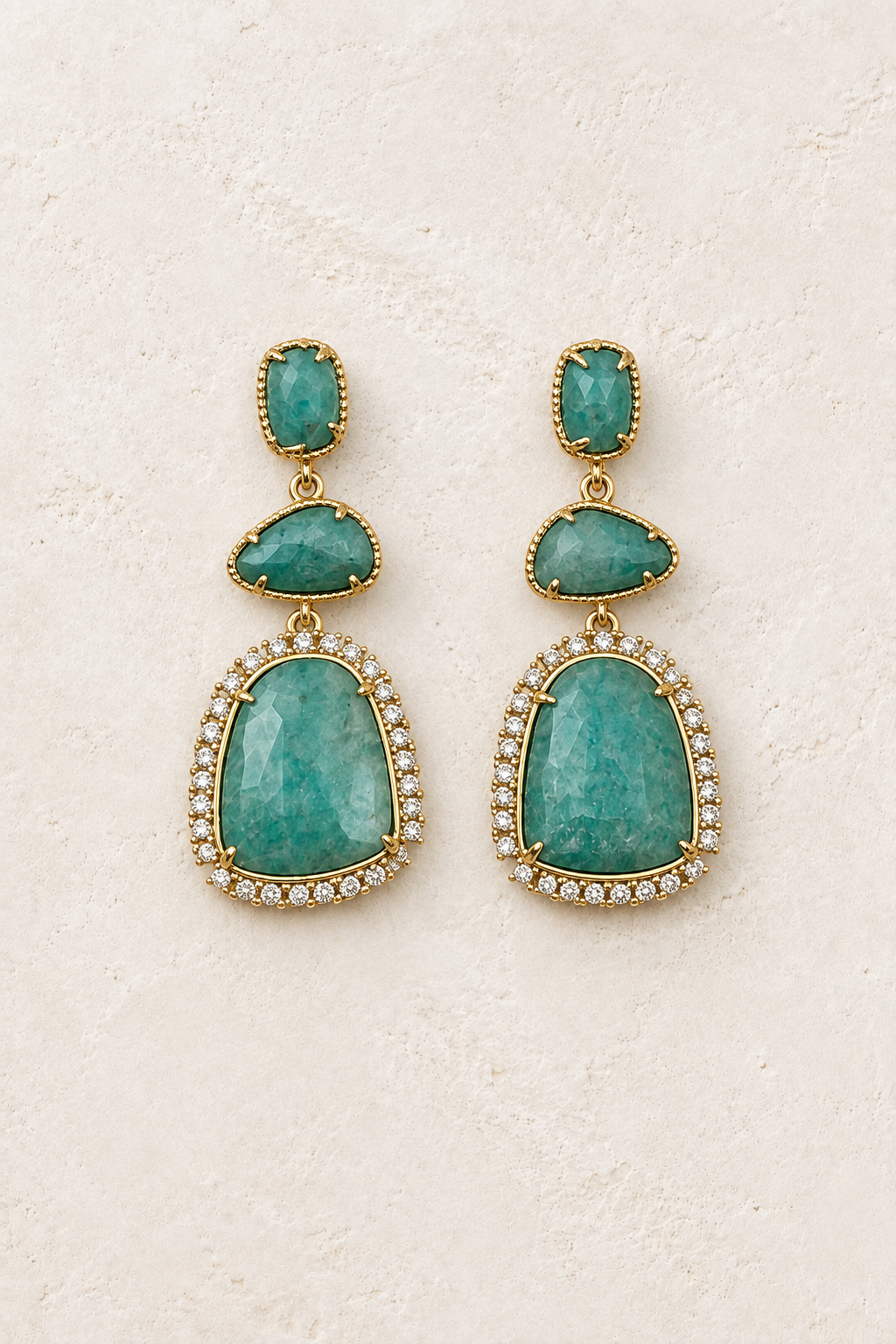 Samara Amazonite Crystal Halo Drop Earrings on cream textured background