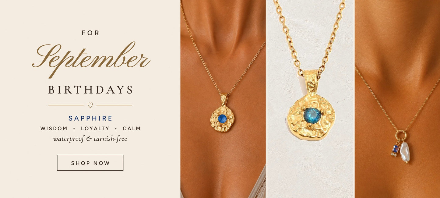 September birthstone jewellery – sapphire blue waterproof gold necklaces