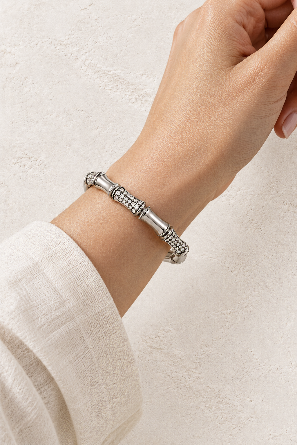 Model wearing Serina Silver Ornate Crystal Bangle