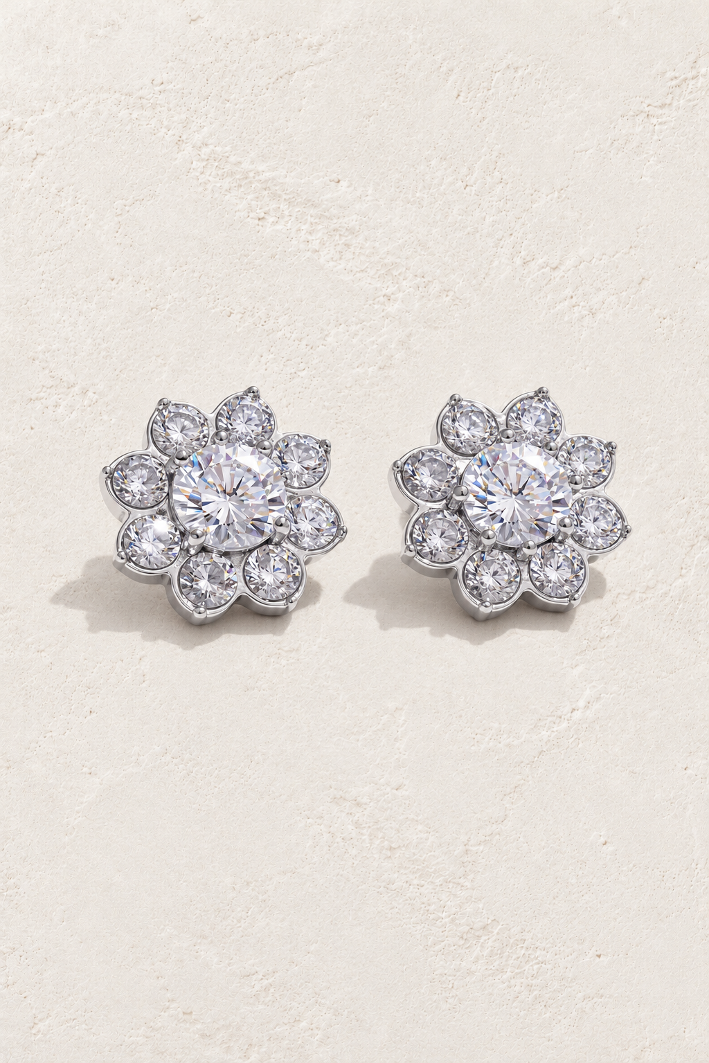 Silver Cubic Zirconia Flower Stud Earrings — original cream plaster hero