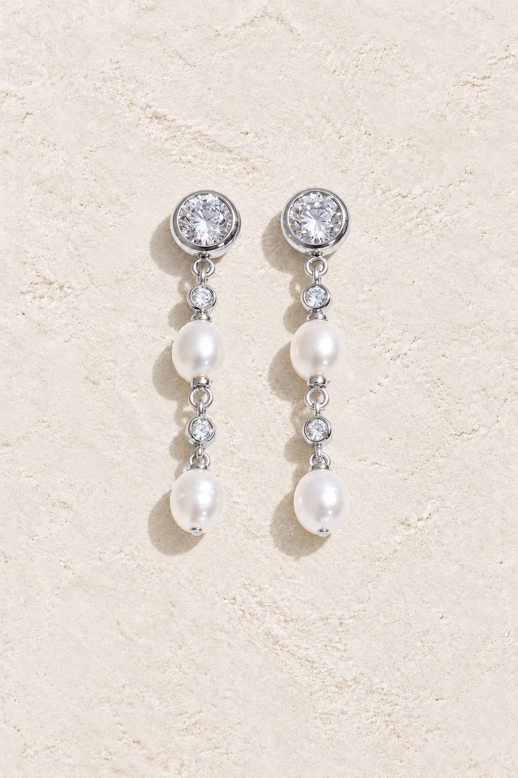 Silver Double Pearl & Crystal Drop Earrings — hero