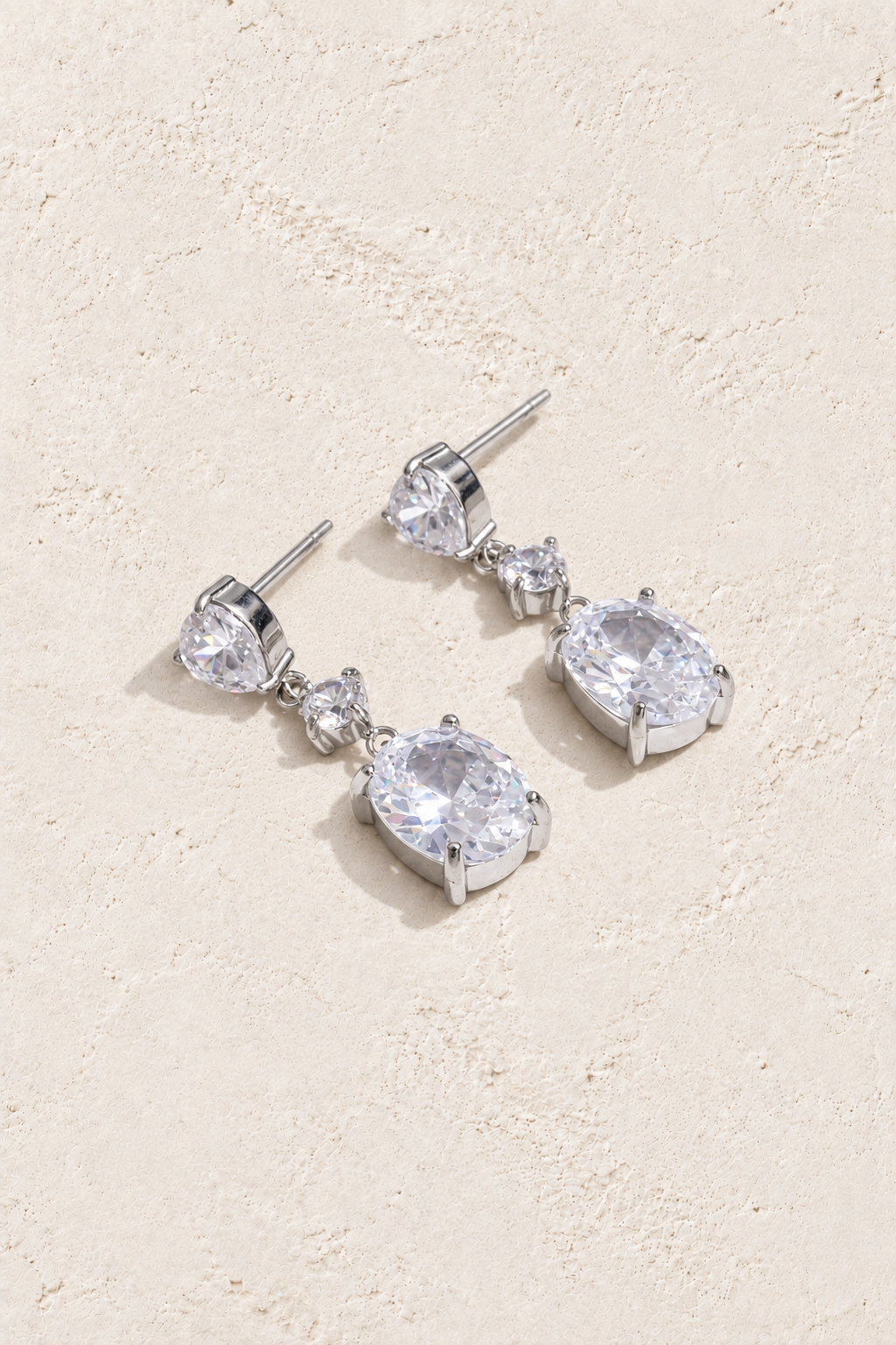 Silver Oval Crystal Trio Drop Earrings — hero