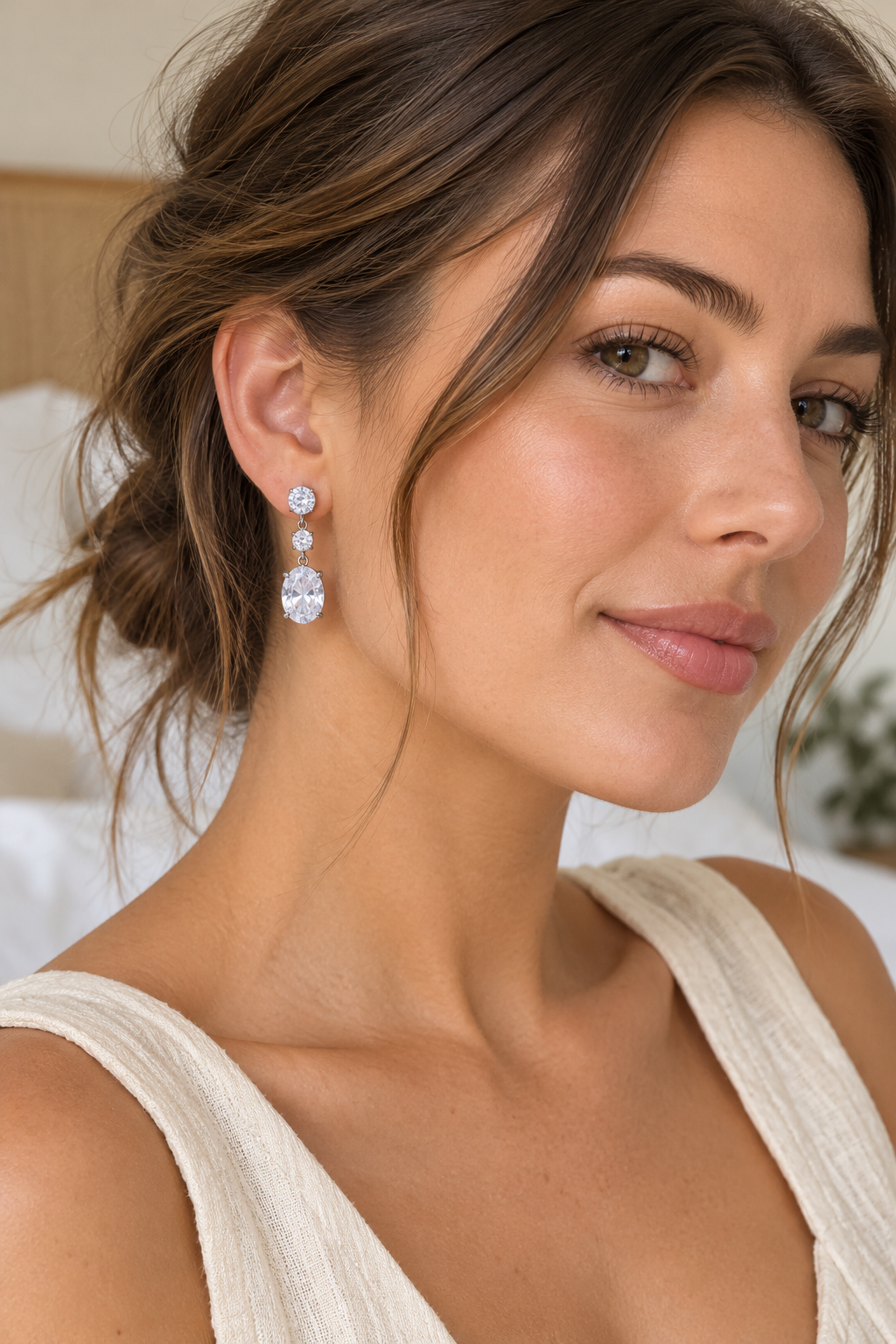 Silver Oval Crystal Trio Drop Earrings — model