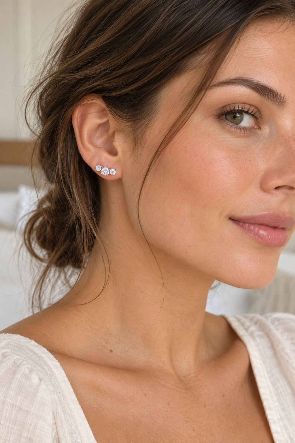 Silver Round Crystal Trio Stud Earrings — model