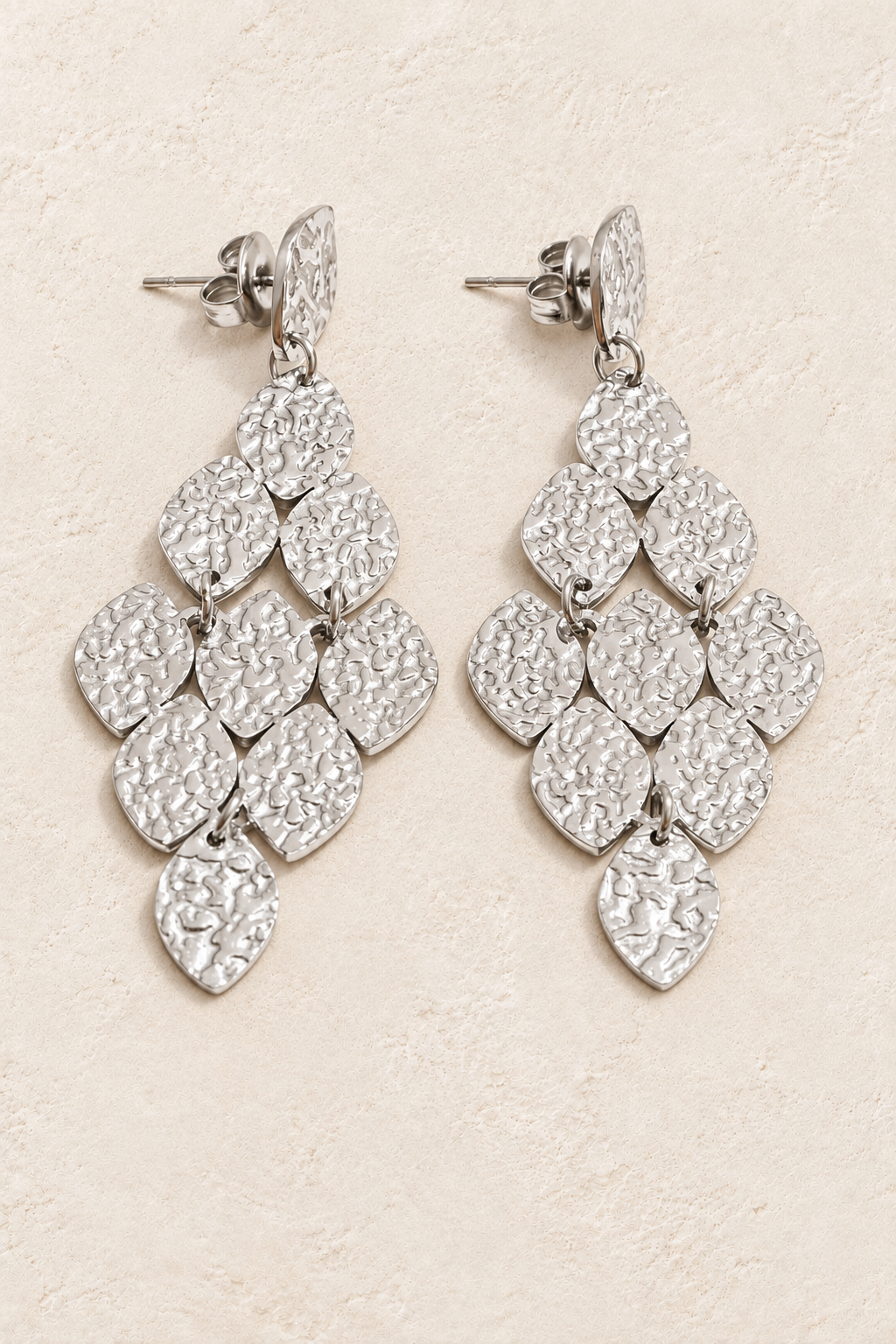 Hammered Petal Chandelier Earrings – Silver on warm ivory plaster