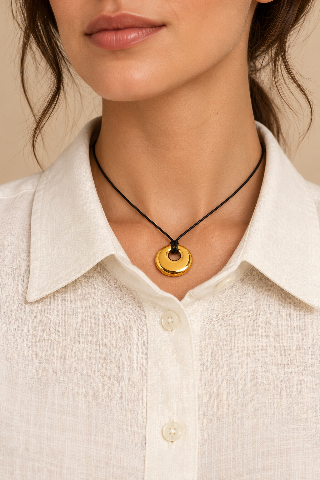 
                  
                    Sola Black Cord Disc Necklace worn on a model with a polished gold disc pendant
                  
                