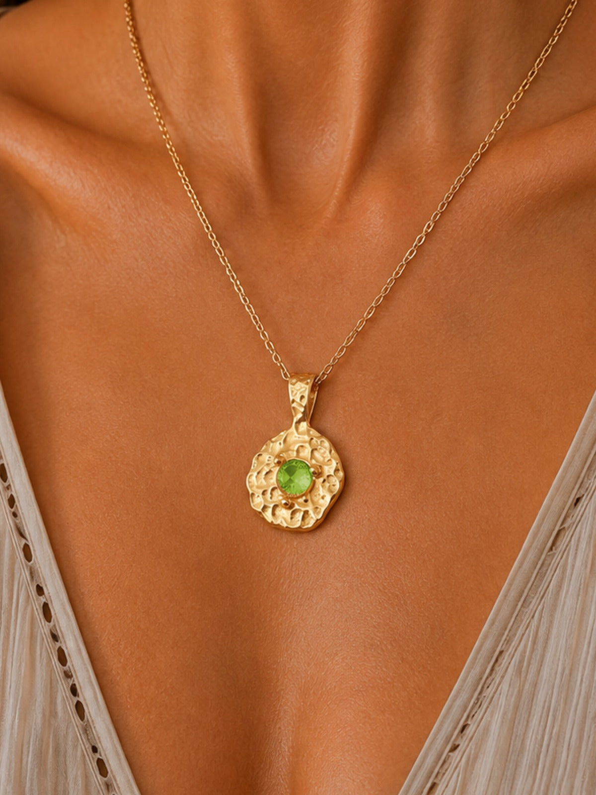 
                  
                    Solara August Birthstone Necklace – Peridot Green, worn on model
                  
                