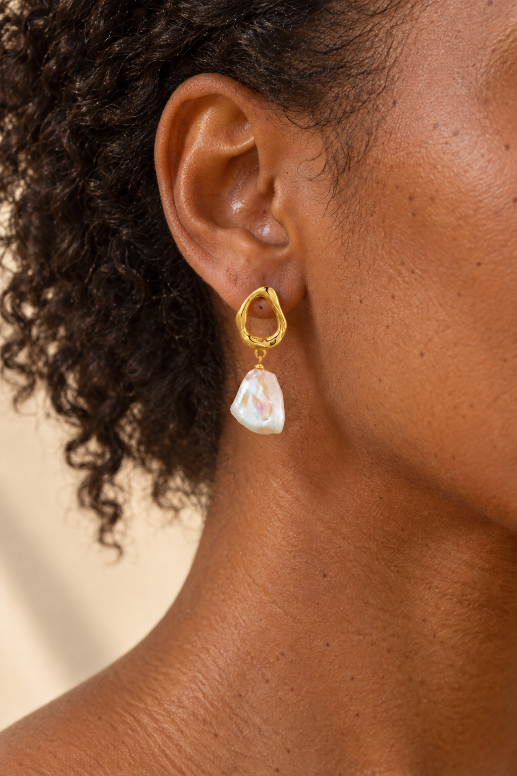 Boho model wearing Solara Baroque Pearl Drops