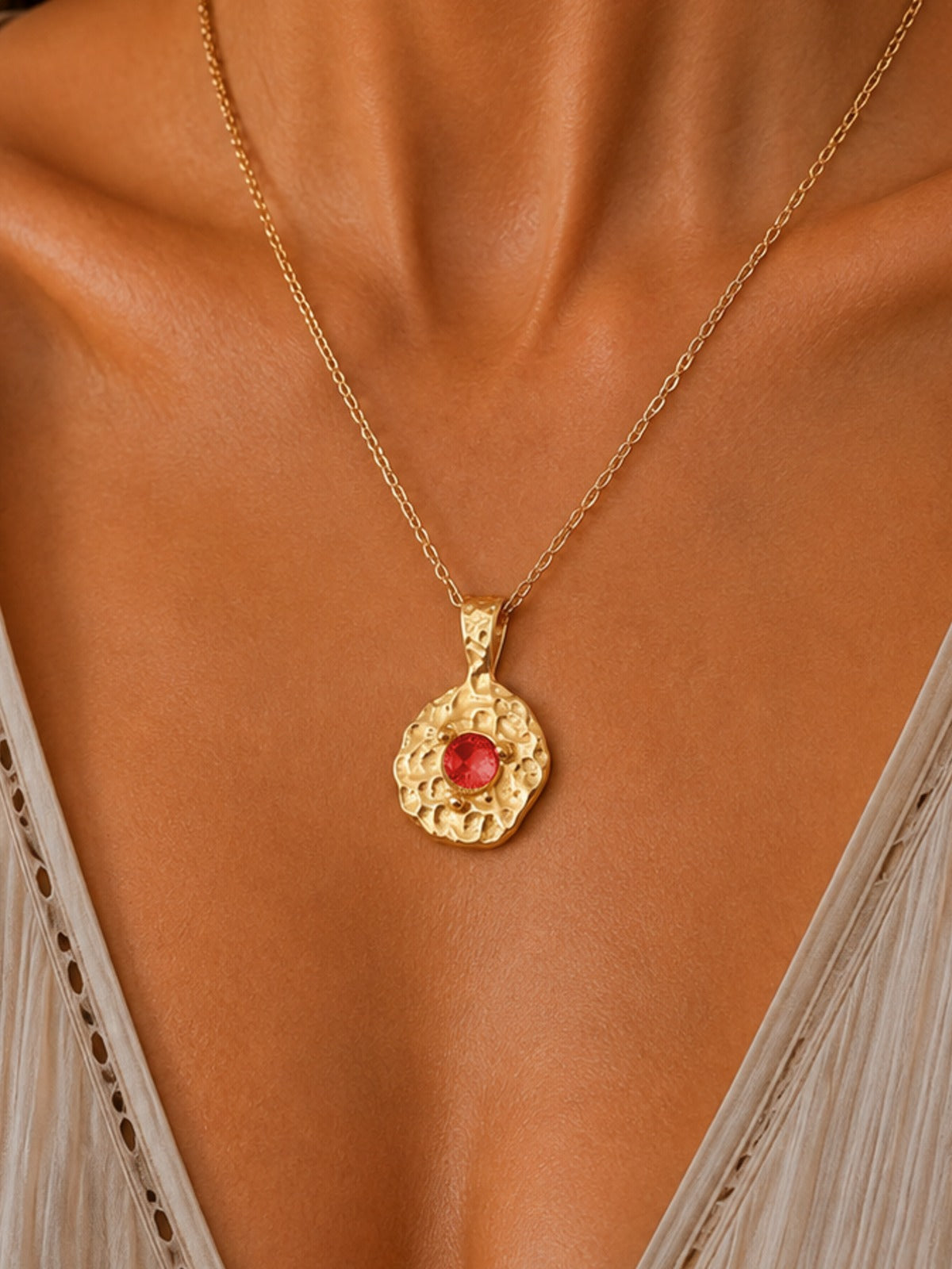 
                  
                    Solara January Birthstone Necklace – Garnet Red, worn on model
                  
                