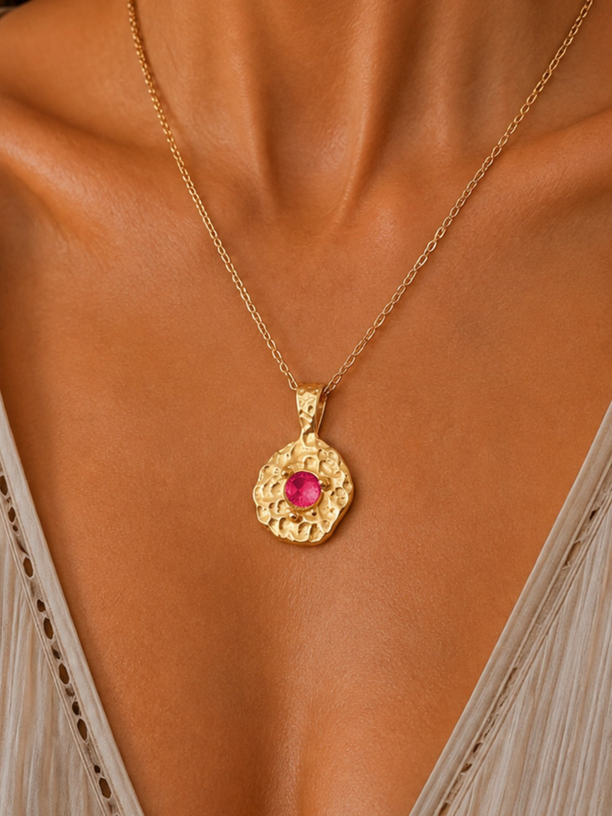 
                  
                    Solara July Birthstone Necklace – Ruby Red, worn on model
                  
                