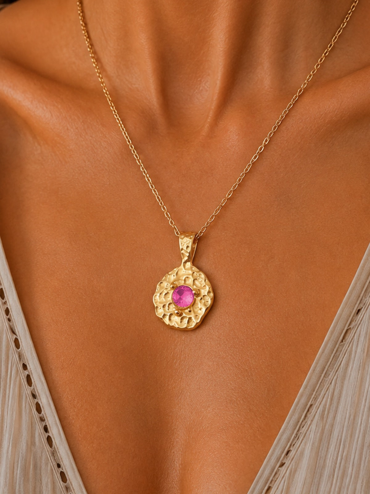 
                  
                    Solara October Birthstone Necklace – Pink Tourmaline, worn on model
                  
                