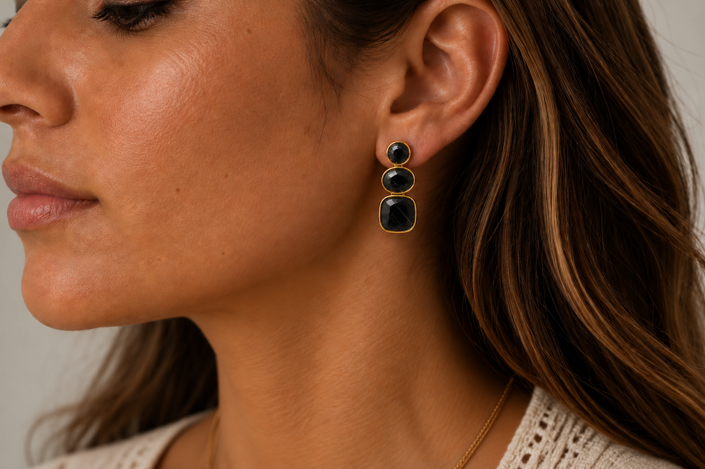 Boho model wearing Solenne Black Obsidian genuine gemstone stud drop earring