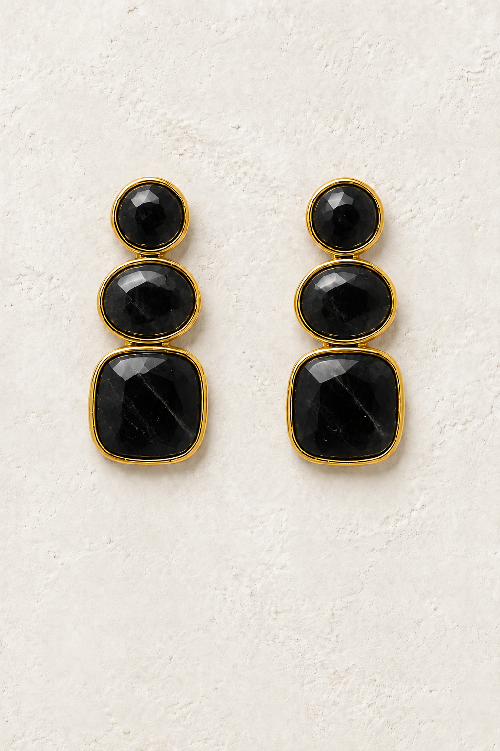 Solenne Black Obsidian genuine gemstone stud drop earrings on cream textured background