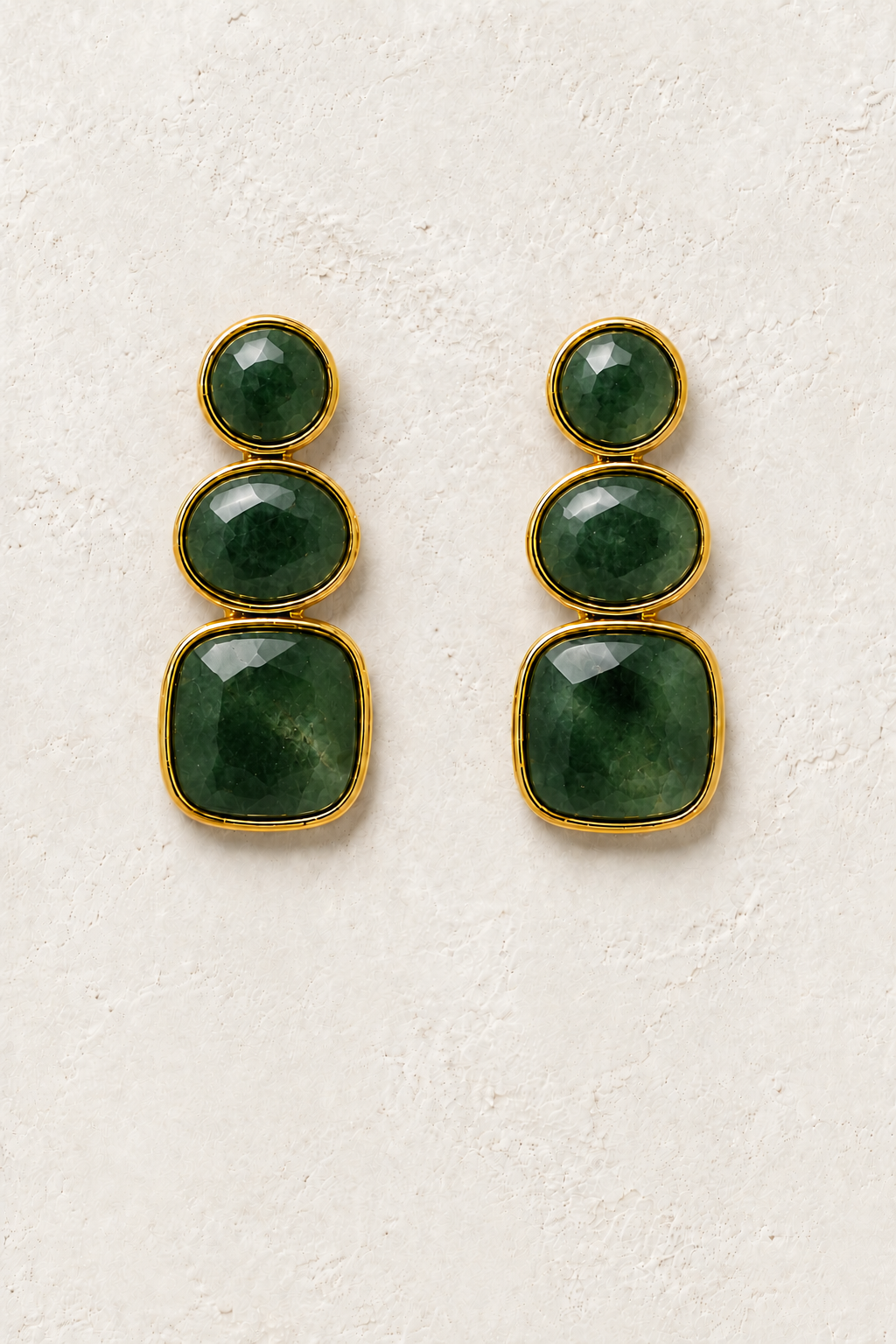 
                  
                    Solenne Green Jade genuine gemstone stud drop earrings on cream textured background
                  
                