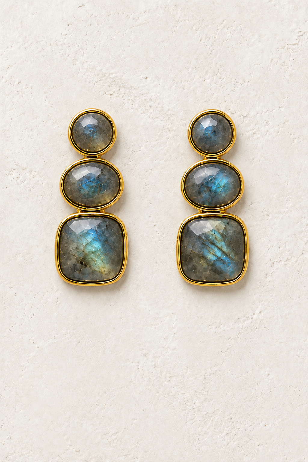 
                  
                    Solenne Labradorite genuine gemstone stud drop earrings on cream textured background
                  
                