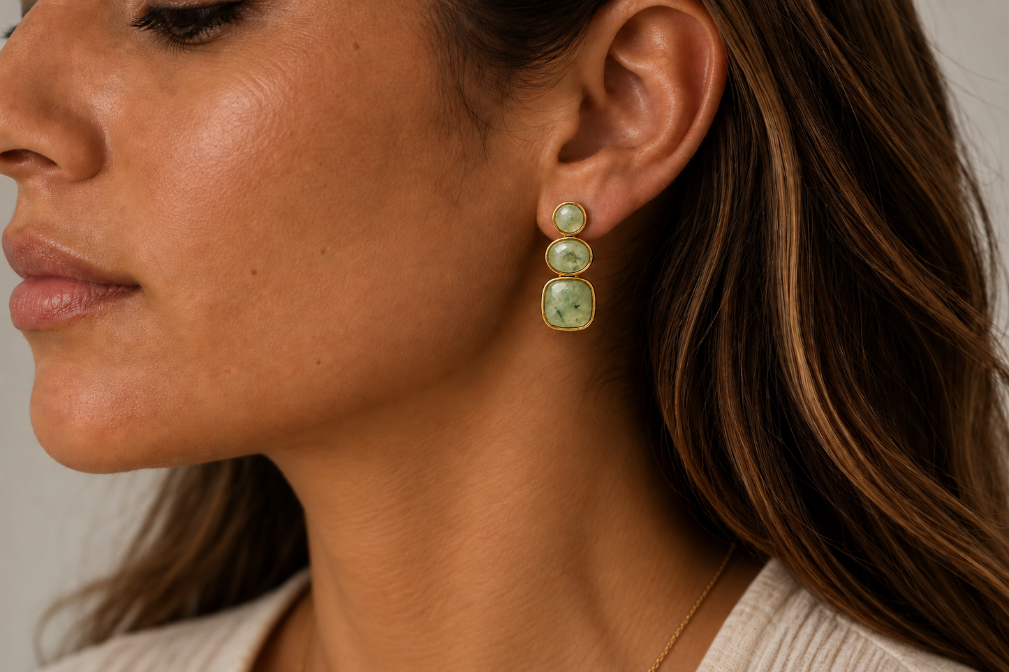
                  
                    Boho model wearing Solenne Prehnite genuine gemstone stud drop earring
                  
                