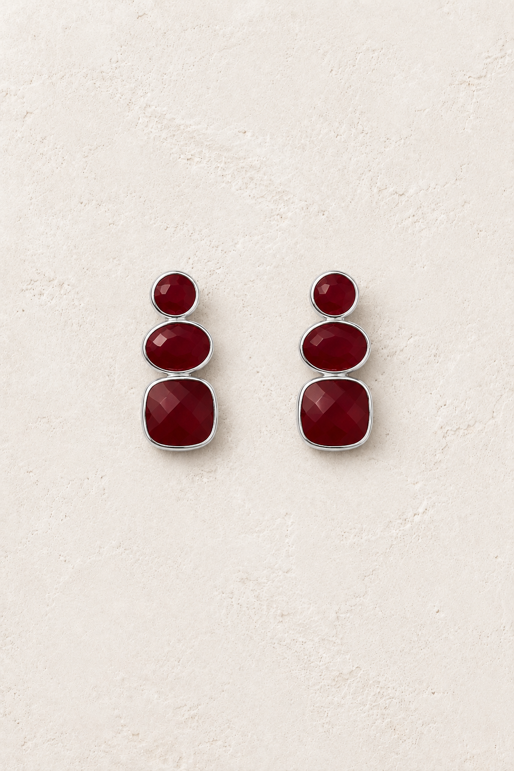 Solenne Silver Red Jade - Genuine Gemstone Earrings on cream textured background