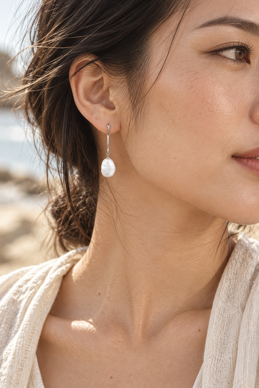 Boho model wearing Sora Pearl Silver Drops