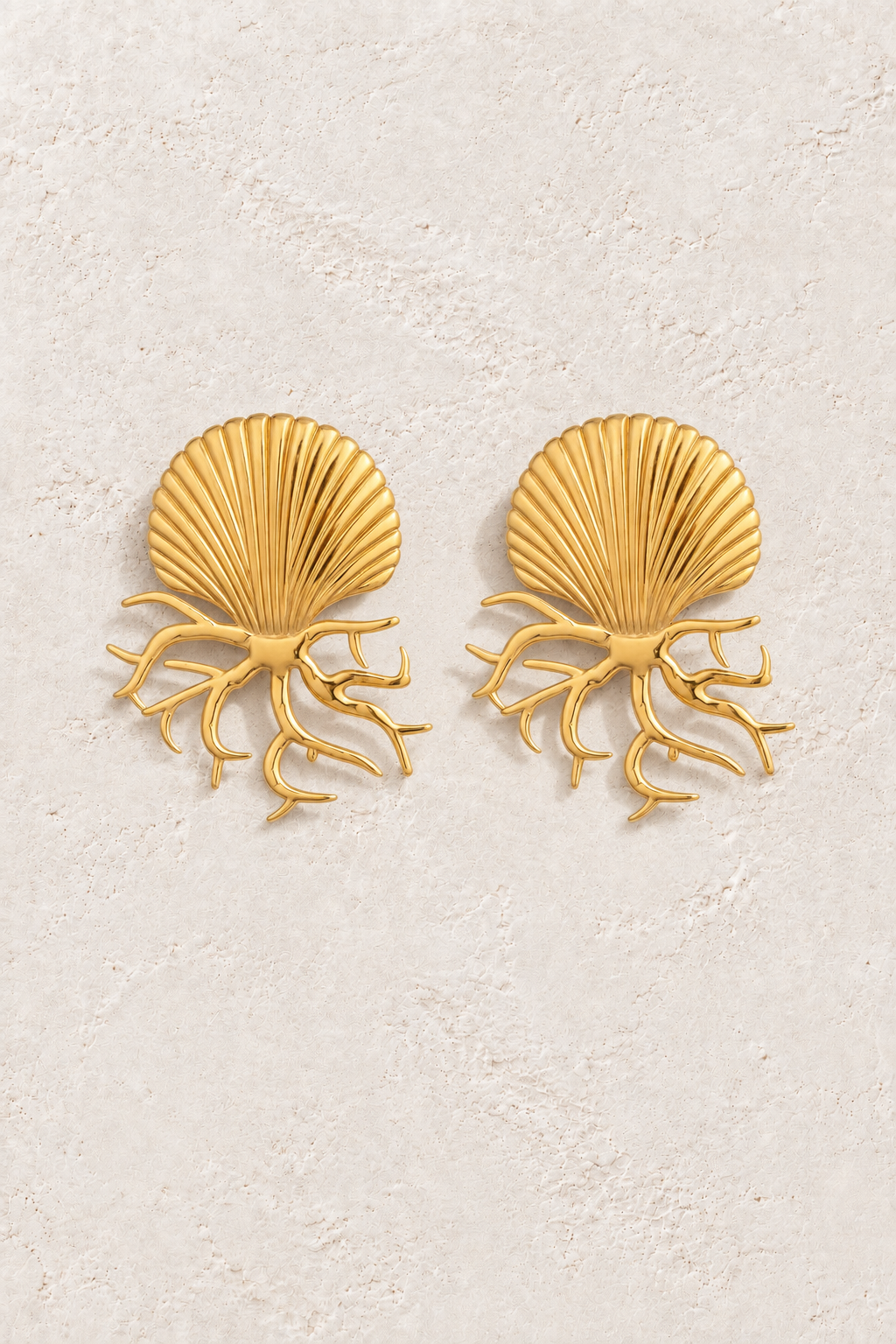 Sundara gold coral shell stud earrings on warm ivory textured plaster