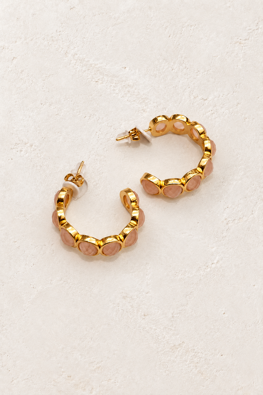 Sundara Rose Quartz Gemstone Hoops on cream textured background