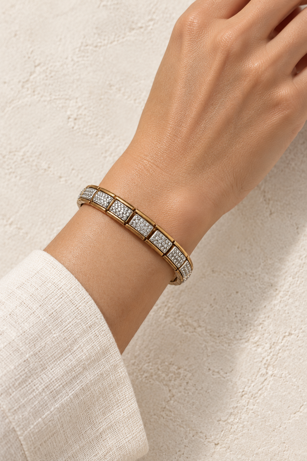 Model wearing Talia Gold Pavé Tile Bangle
