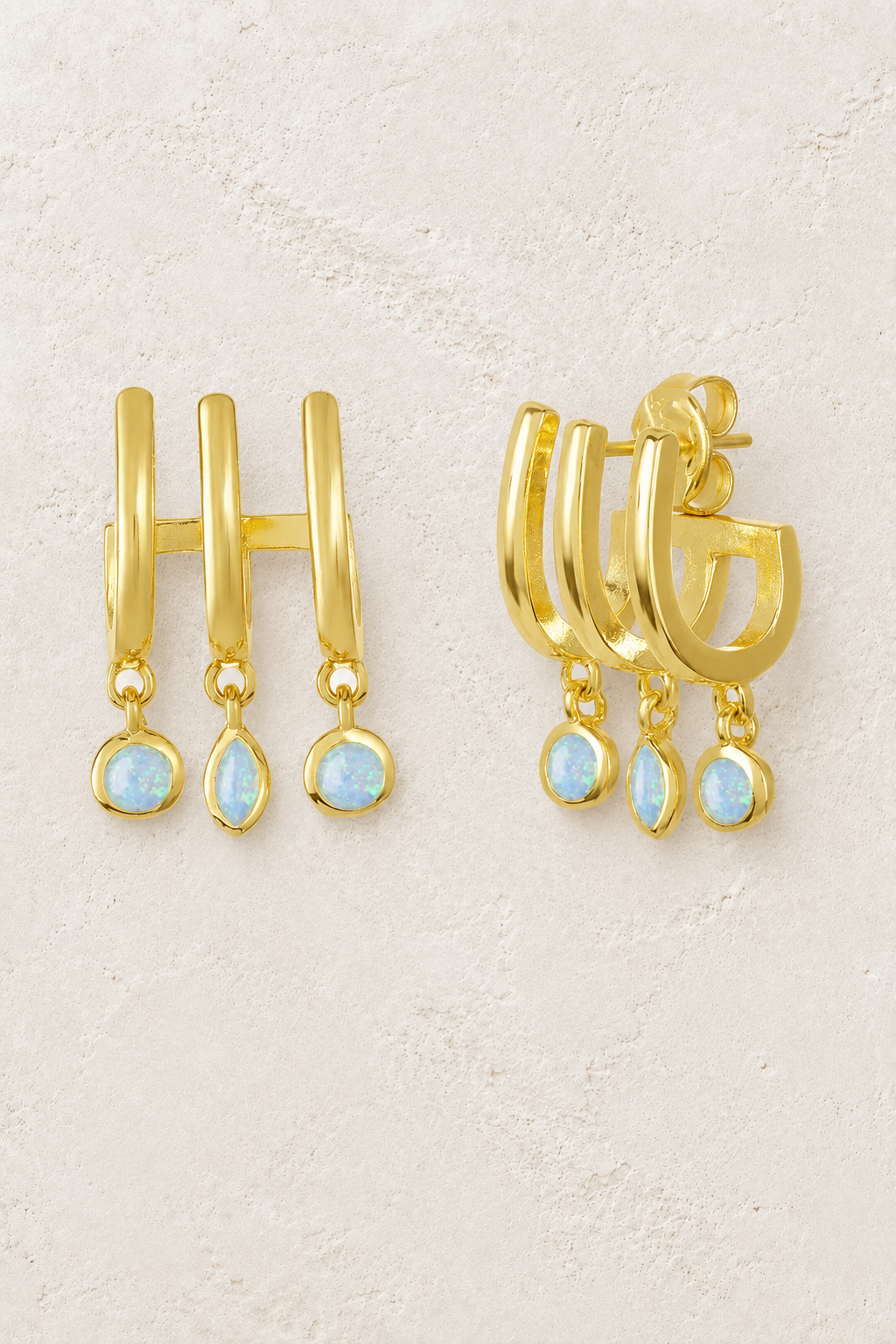 Gold triple opal charm hoop earrings