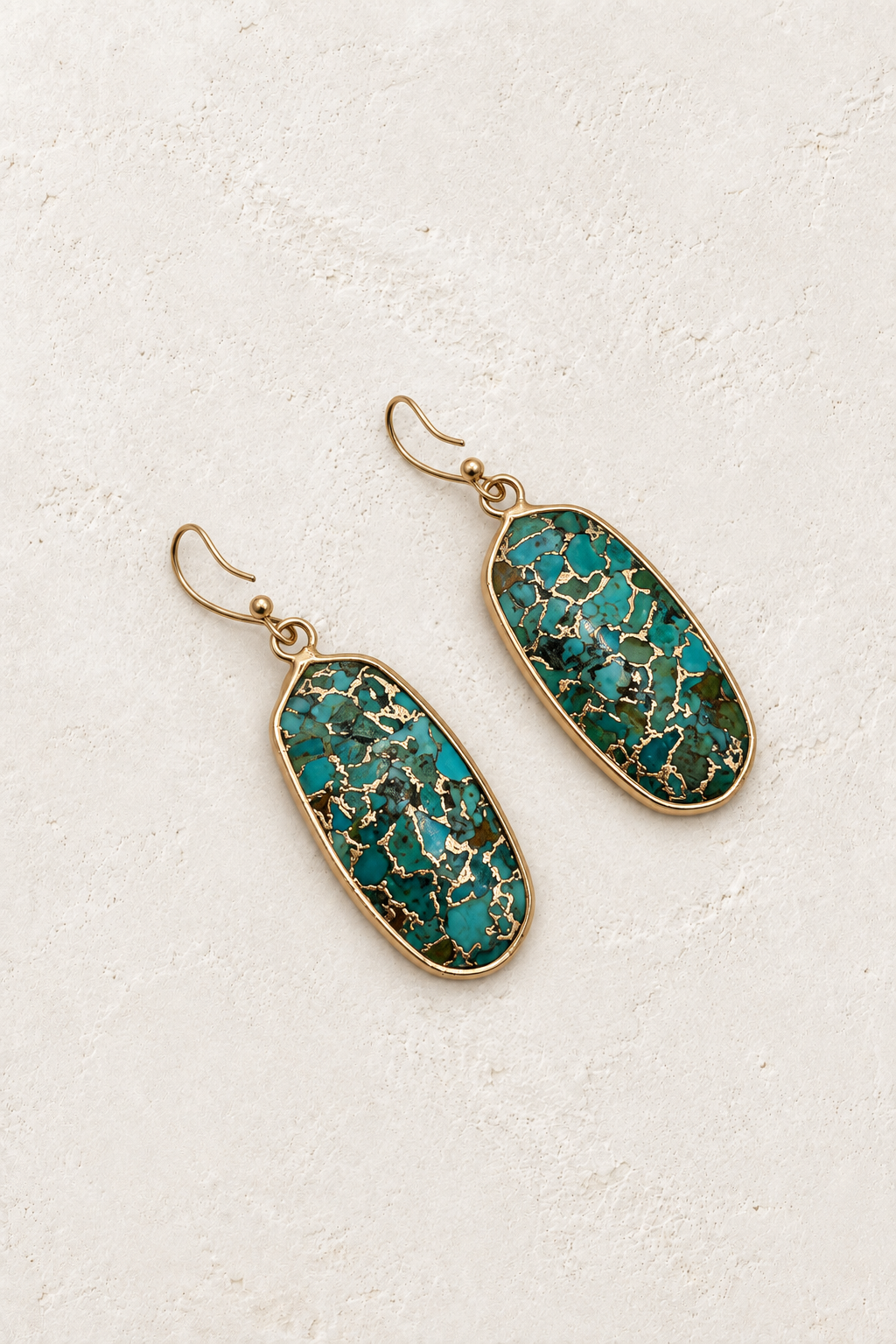 Turquoise Mosaic Drop Hook Earrings on cream textured background