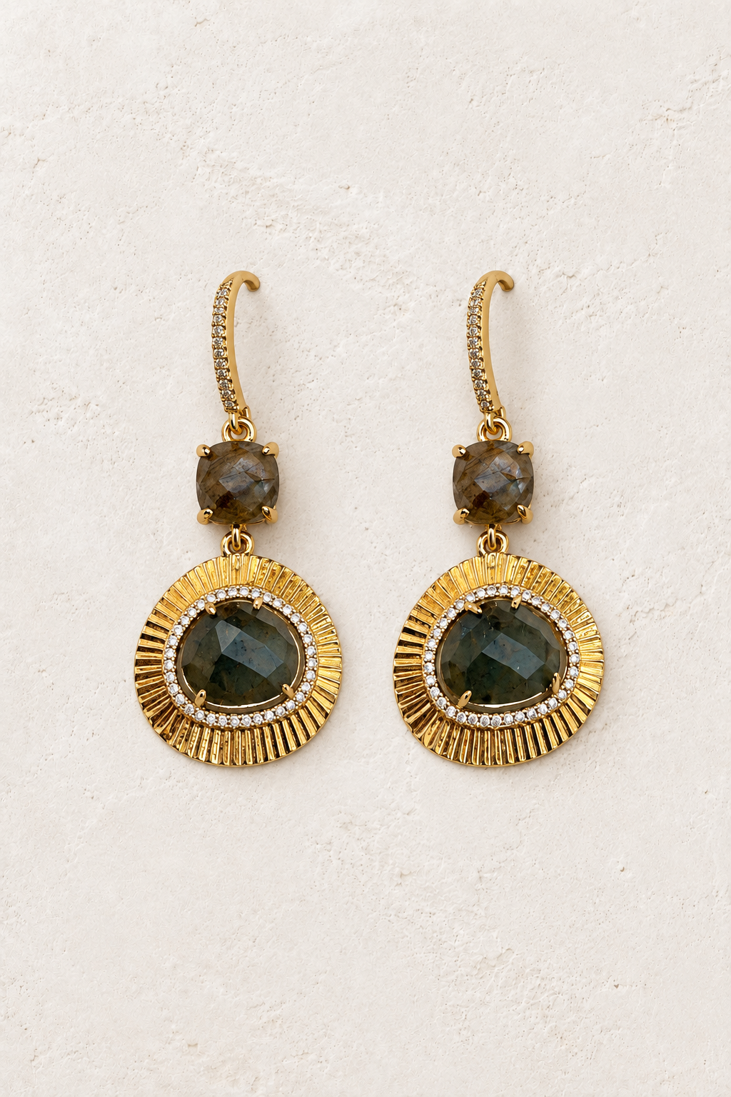 Valencia Labradorite Halo Drop Earrings on cream textured background