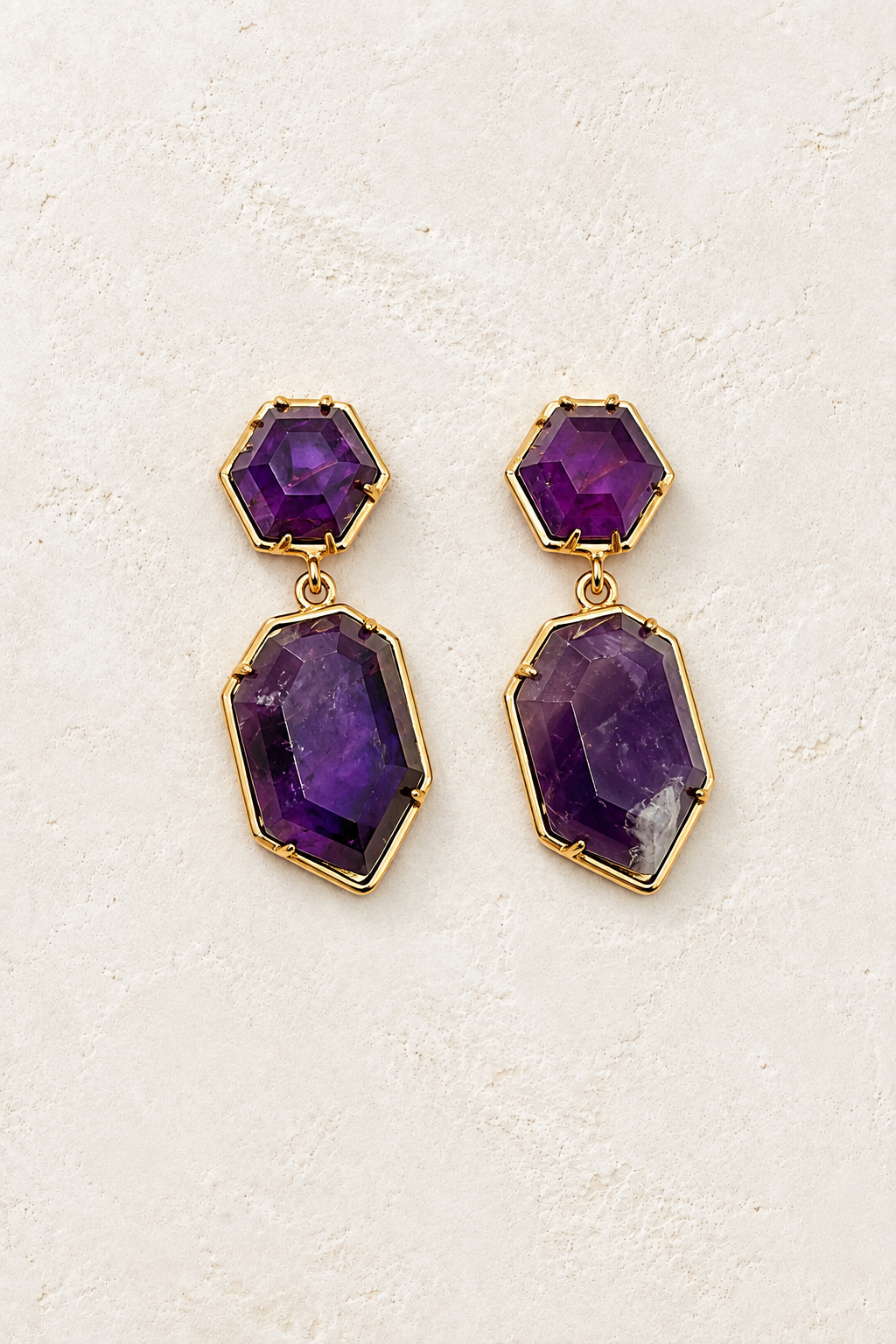 Vespera Amethyst Geo Drop Earrings on cream textured background
