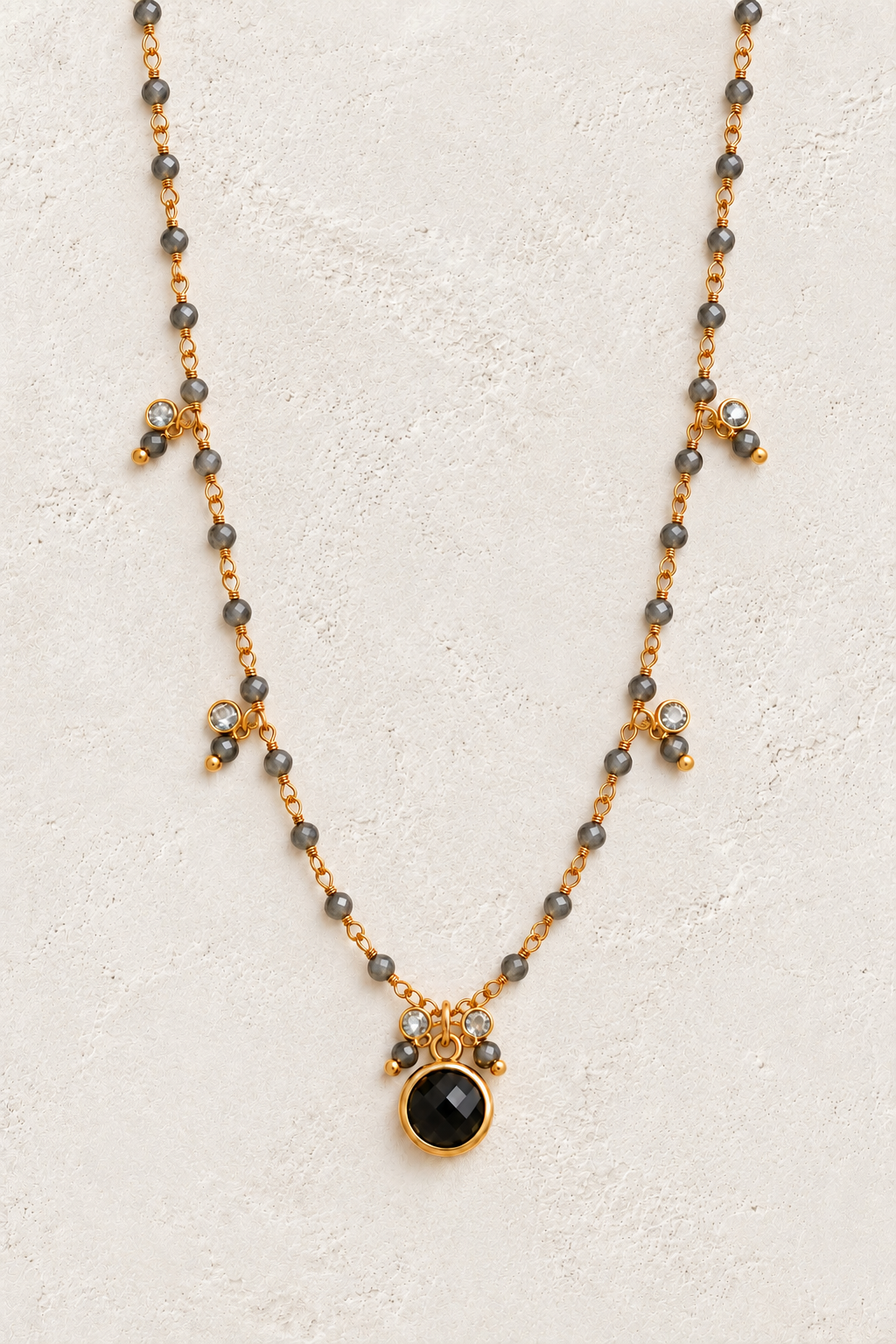 Virelle Labradorite & Black Obsidian Necklace on the Boho & Mala cream stone hero background