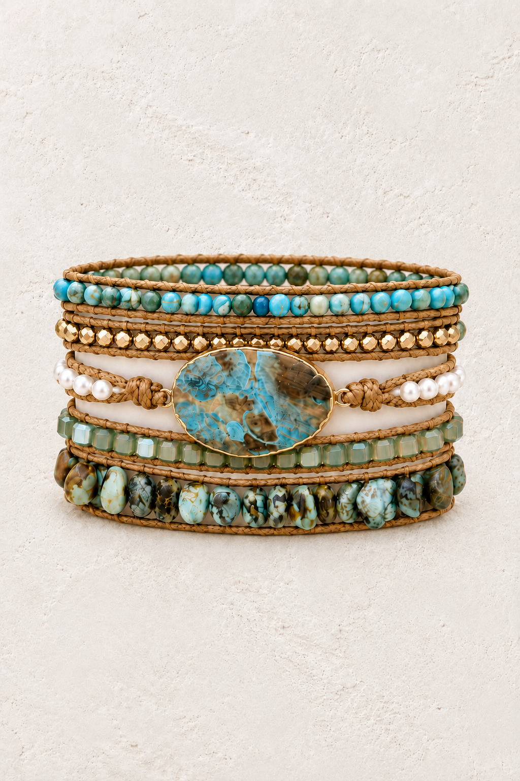 Handmade African Turquoise Mixed Natural Stone Wrap Bracelet on the Boho & Mala warm-white textured background