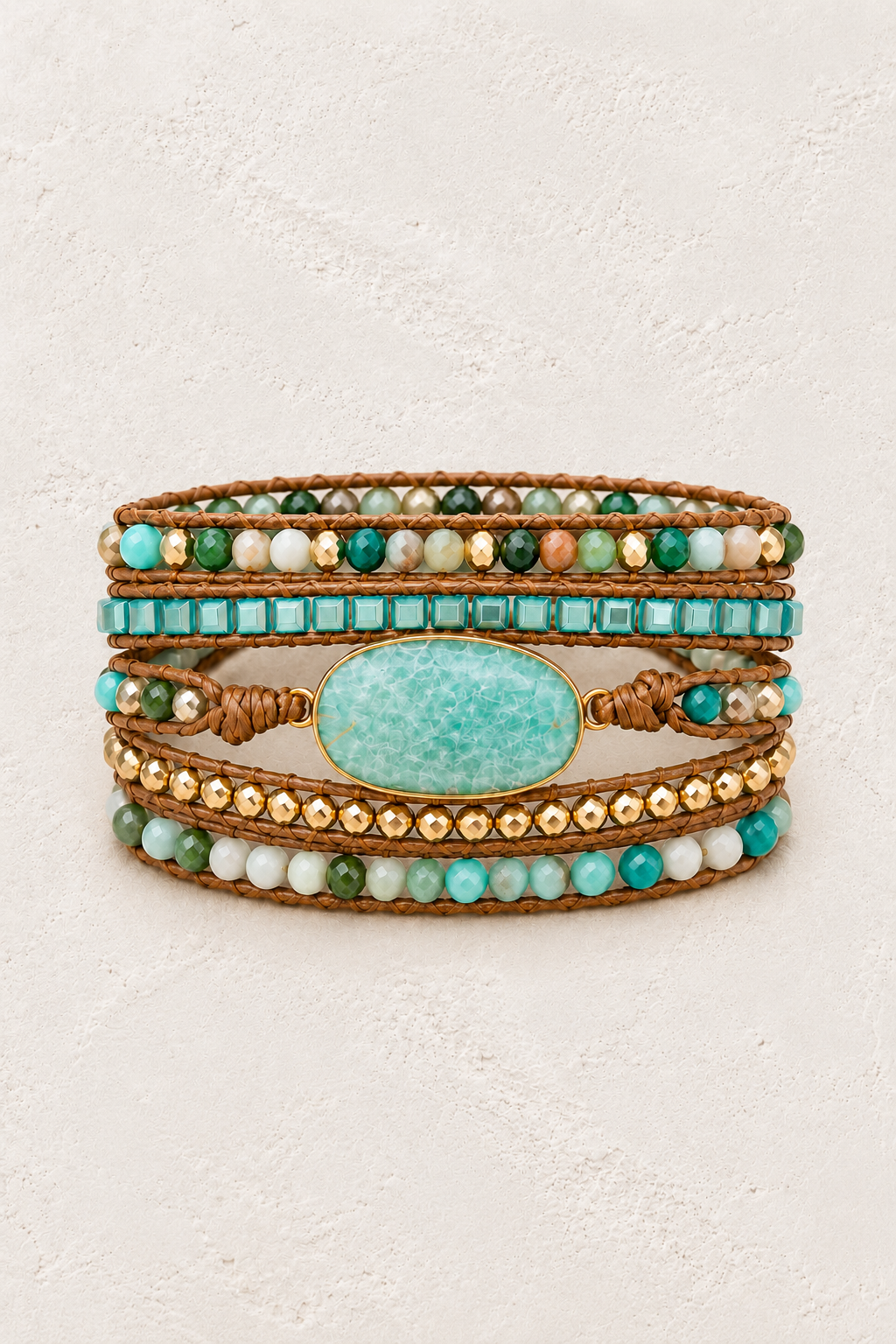 Handmade Amazonite 2 Mixed Natural Stone Wrap Bracelet on the Boho & Mala warm-white textured background
