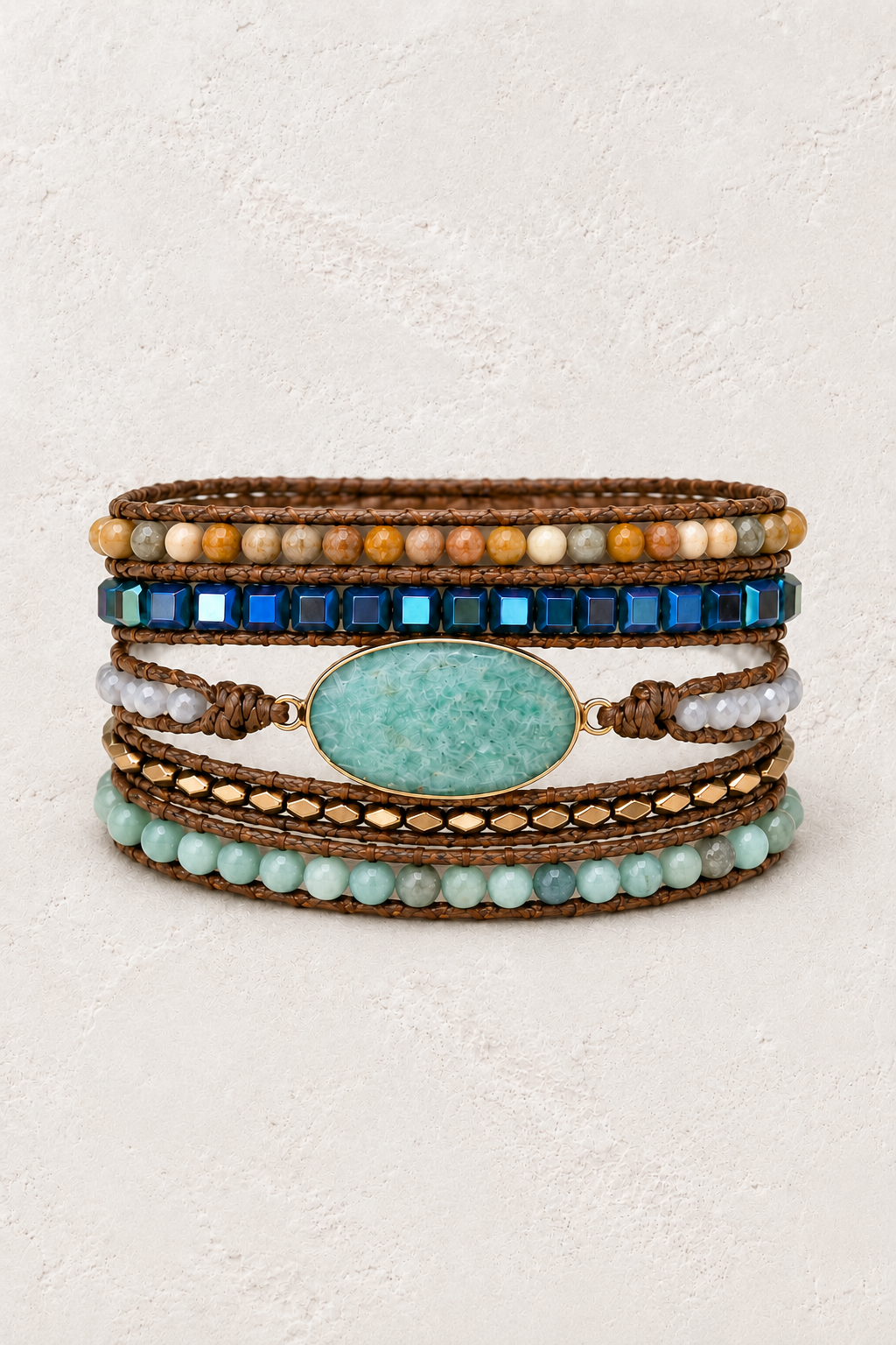 Handmade Amazonite 3 Mixed Natural Stone Wrap Bracelet on the Boho & Mala warm-white textured background