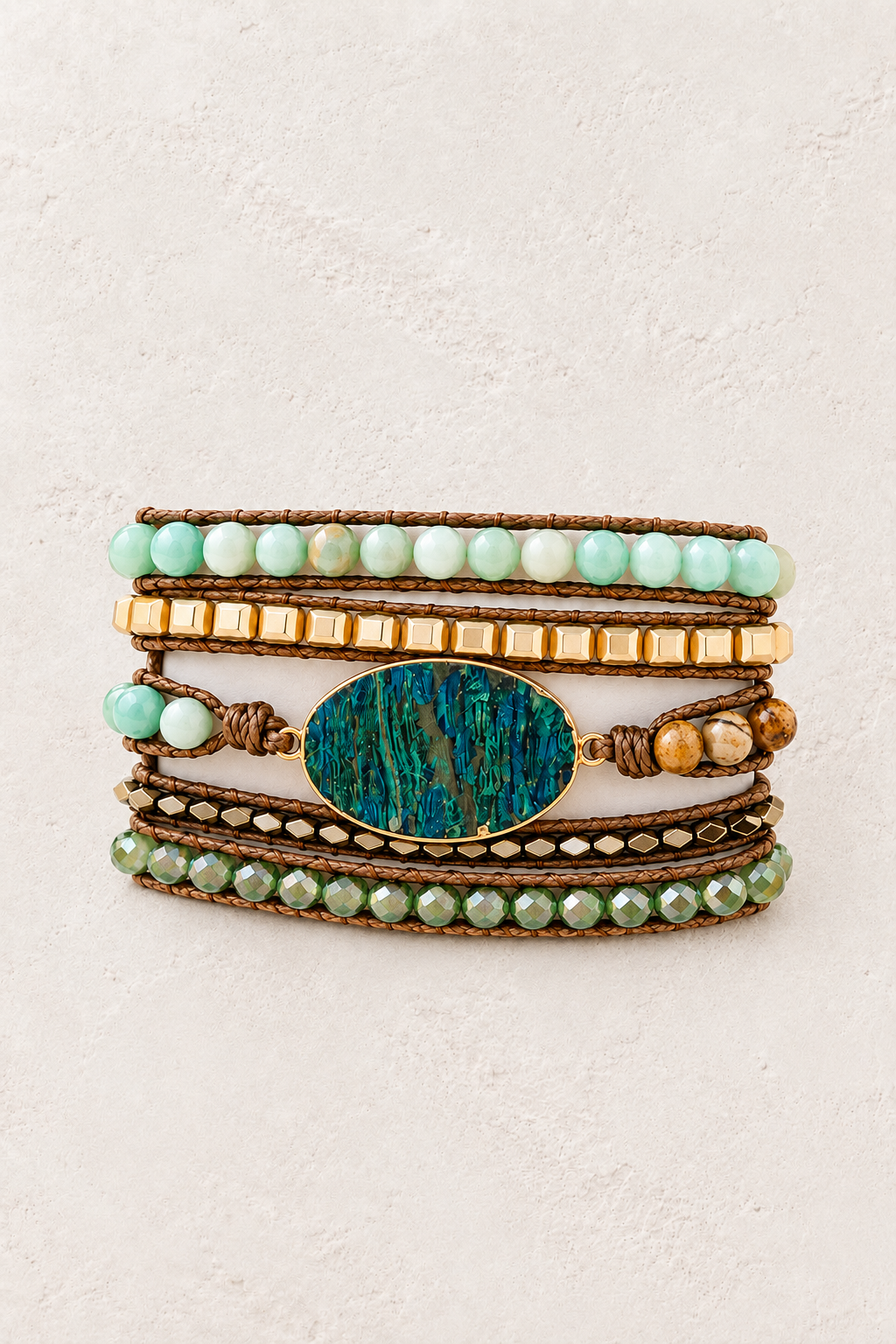 
                  
                    Handmade Chrysocolla Mixed Natural Stone Wrap Bracelet on the Boho & Mala warm-white textured background
                  
                