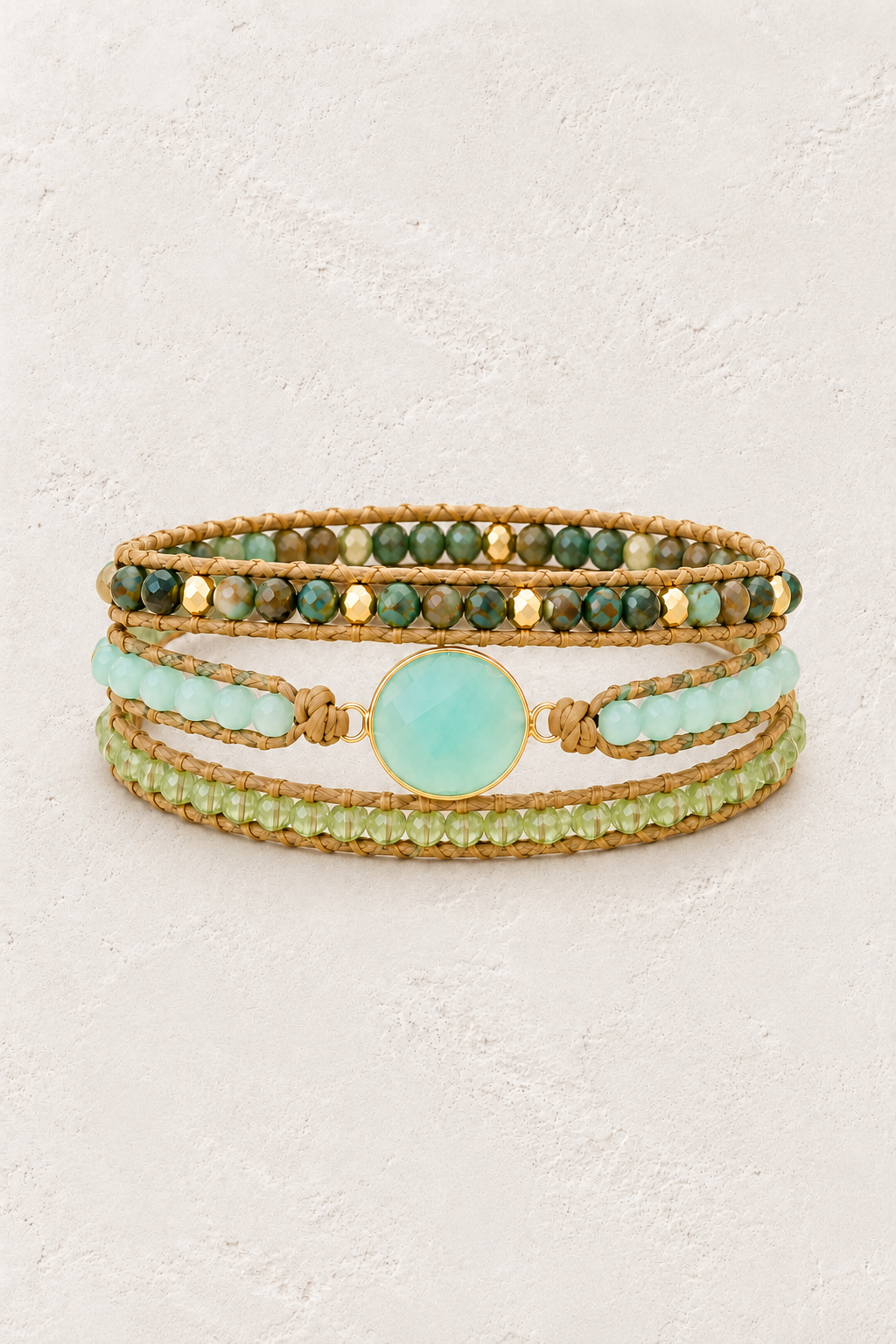 Handmade Mixed Natural Stone Wrap Bracelet on the Boho & Mala warm-white textured background