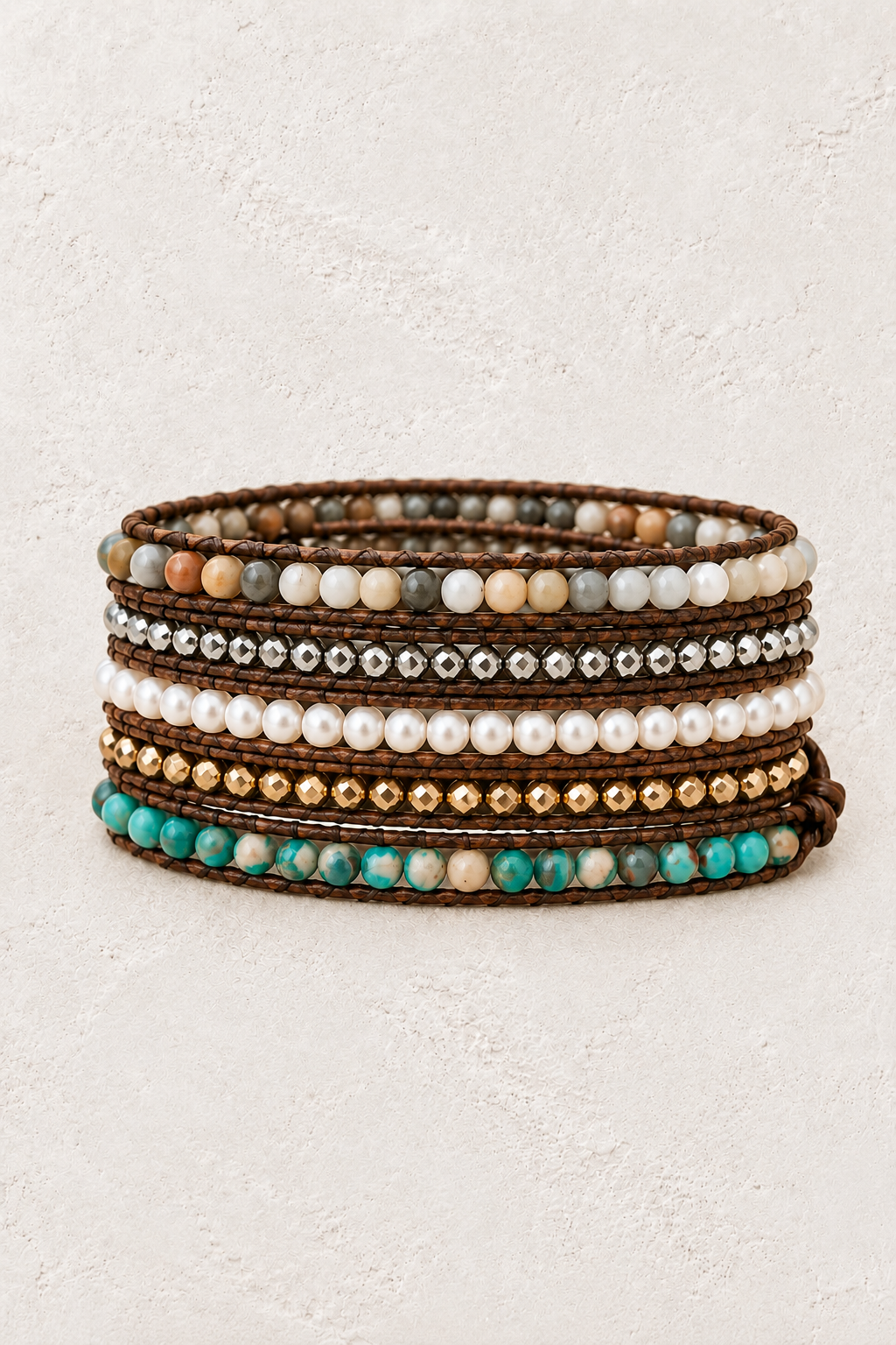 Handmade Fresh Water Pearl Mixed Natural Stone 5 Wrap Bracelet on the Boho & Mala warm-white textured background