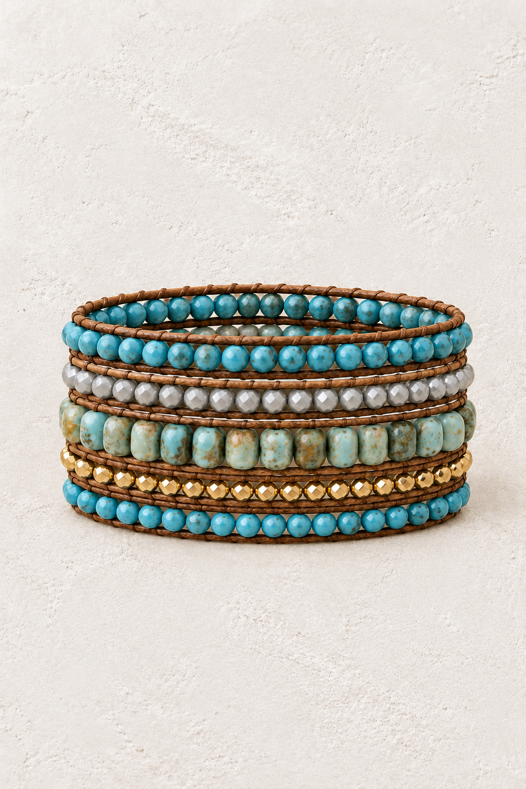 Handmade African Turquoise Mixed Natural Stone 5 Wrap Bracelet on the Boho & Mala warm-white textured background