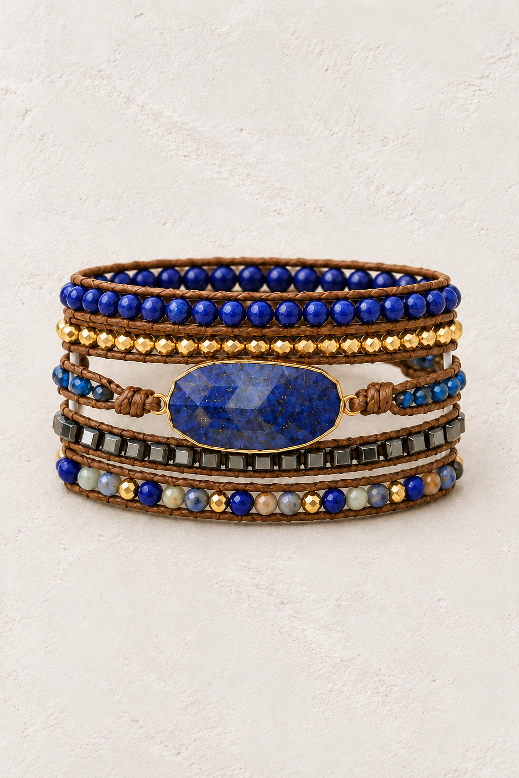 Handmade Lapis Lazuli Mixed Natural Stone Wrap Bracelet on the Boho & Mala warm-white textured background